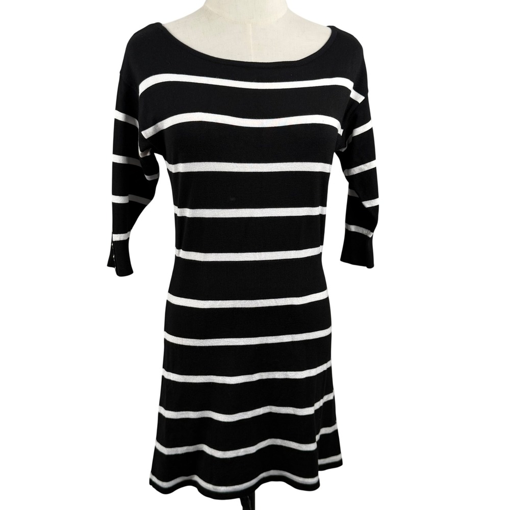 White House Black Market XS Sweater Dress Black Striped Button Cuff Workwear Mod